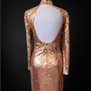 Vintage Oleg Cassini Open Back Rose Gold Sequin Evening Gown 90s Formal Size 8